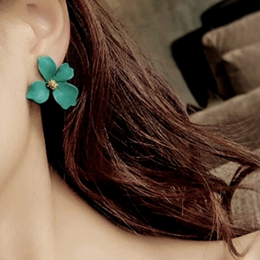 Teal Green Blue Flower Earrings 3D Big Realistic Floral Pretty Feminine New